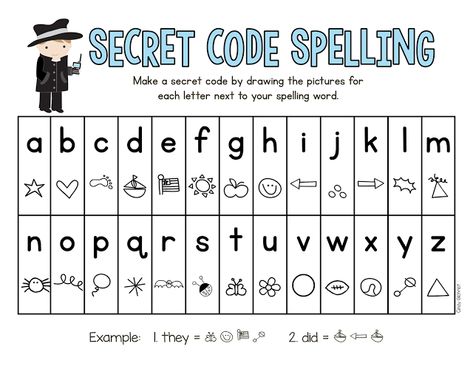 Secret Code Spelling with pictures - some may be too complex, maybe simple shapes. Fun Spelling Games, Code Alphabet, Code Secret, Alphabet Code, Spelling Games, Spelling Practice, Coded Message, Spelling Lists, Spy Kids