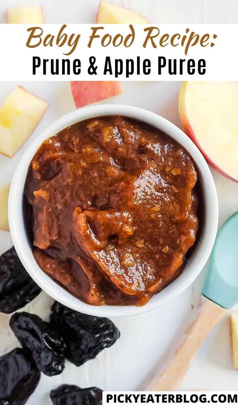 This simple recipe for prune baby puree with Fuji Apples will quickly become one of your baby's favorites. Full of healthy antioxidants and fiber, prunes help keep baby regular! Prune Puree Recipes, Baby Food Prunes Recipes, Puree Meat Baby Food, Baby Fruit Puree, Prunes Dessert, Apple Puree For Baby, Baby Applesauce, Pineapple Puree, Pear Baby Puree