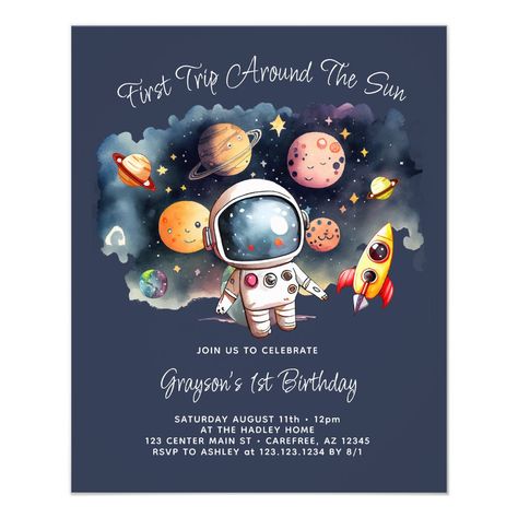 Create your own Outerspace Planets Blue 1st Birthday invitation! Personalize this design with your own text. You can further customize this design by selecting the "Edit Details" button if desired. 2nd Birthday Invitations, Custom Party Invitations, 1st Birthday Invitation, Birthday Flyer, Boy Birthday Invitations, Planet Blue, 1st Birthday Invitations, Birthday Invitations Kids, First Birthday Invitations