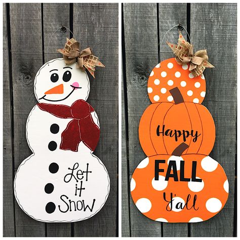 Wooden Reversible Pumpkin/Snowman Door Hanger Pumpkin Snowmen, Snowman Door Hanger, Wooden Snowmen, Snowman Door, Snowman Sign, Wooden Snowman, Manualidades Halloween, Wooden Pumpkins, Fall Halloween Crafts