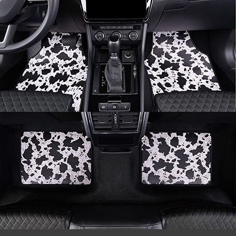 LSBS Car Floor Mat, Cow Print, All Weather Protection, Faux Leather, Universal Fit for Cars Truck Van and SUV for Women and Men (4 Piece,White-Black) Suv For Women, Western Car, Jeep Interiors, Custom Car Accessories, Car Floor Mat, Cute Car Accessories, Truck Interior, Car Freshener, Truck Accessories