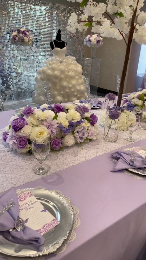 So ChiC Event Panning & Design (@eventsbysochic) posted on Instagram: “This bridal shower decor was so dreamy. The decor had our bride and her bridesmaids crying happy tears. It’s never our goal to make people…” • May 26, 2022 at 8:04pm UTC Purple And Silver Bridal Shower Ideas, Purple Bridal Shower Decor, Purple Bridal Shower Decorations, Purple Bridal Shower Ideas, Purple Wedding Reception Decorations, Bridal Shower Decorations Purple, Purple Wedding Reception, Blush Weddings, Bride And Her Bridesmaids