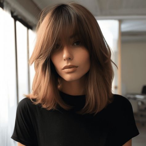 Short Layers with Long Curtain Bangs Lob Curtain Bangs Layers Straight, Long Bob With Fringes, Long Bob With Long Fringe, Medium Length Brown Hair Balayage Curtain Bangs, Dark Lob With Bangs, Short Hair With Bottleneck Bangs, Fringe Layers Medium Hair, Long Bob Bangs Hairstyles, Long Fringe Hairstyles Medium Lengths