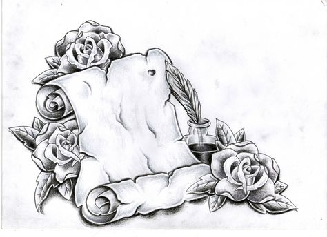 Roses and scroll tattoo Gates Of Heaven Tattoo, Scroll Tattoos, Tattoo Banner, Catrina Tattoo, Heaven Tattoos, Butterfly Tattoos For Women, Skeleton Hand Tattoo, Tattoo Templates, Tattoo Stencil Outline