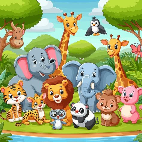 Pricing plans | Freepik Safari Cartoon Animals, Safari Animal Illustration, Zoo Animals Illustration, Cute Jungle Animals Illustration, Cartoon Art Cute Animal, Cartoon Jungle Background, Jungle Animals Illustration, Safari Background, Zoo Cartoon