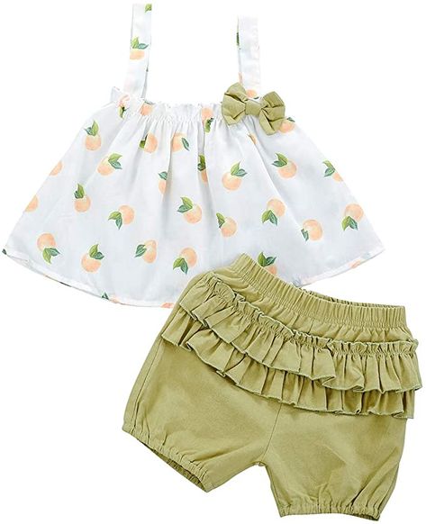 bilison Toddler Baby Girl Summer Outfits Strap Sleeveless Fruit Ruffle Dress Top+Pleated Short Pants 2Pcs Clothes Set: Clothing Kids Frocks Design, Kids Dress Wear, Baby Dress Design, Baby Dress Patterns, Baby Clothes Patterns, Kids Designer Dresses