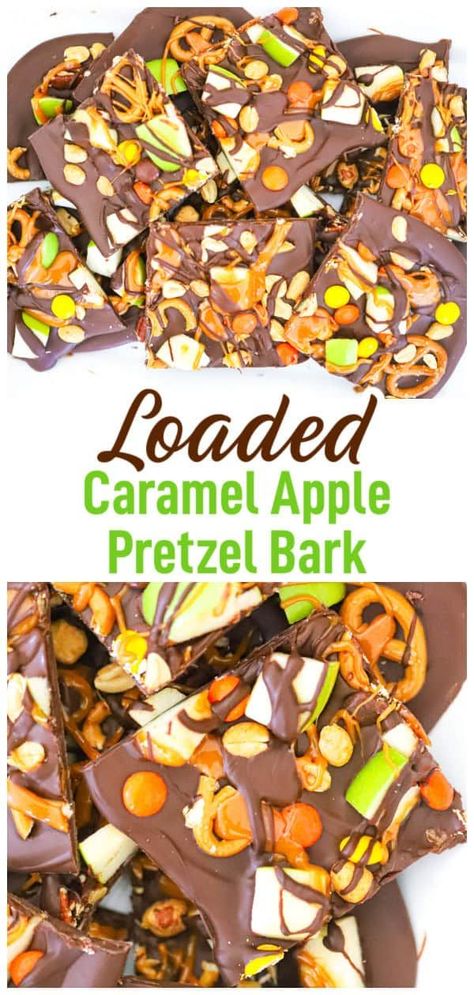 Create the perfect fall treat with this Loaded Caramel Apple Pretzel Bark! Combining layers of velvety caramel, tart green apple chunks, salty pretzels, and a sprinkle of peanuts, this no-bake bark is easy to make and incredibly delicious. Whether you're craving a quick snack or need a festive candy idea for fall parties, this caramel apple bark is guaranteed to be a hit! Perfect for fans of pretzel bark, salted caramel pretzel bark, and green apple pretzel bark! Easy Fall Dessert Bark, Apple Caramel Pretzel Bark, Chocolate Caramel Pretzel Apple, Fall Themed Chocolate Bark, Carmel Apple Chocolate Pretzel Bark, Square Pretzel Treats, Apple Bark Recipe, Thanksgiving Bark Recipes, Fall Festival Bake Sale Ideas