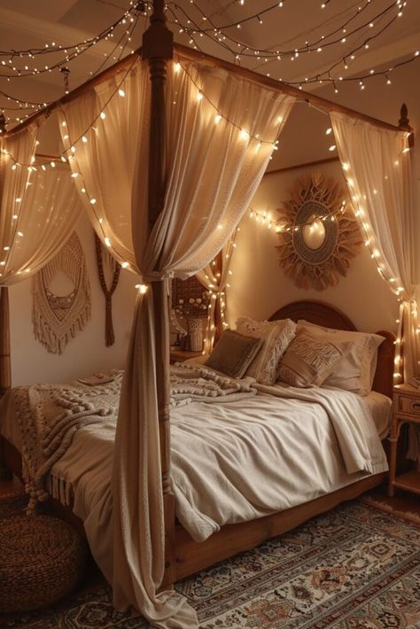 Ethereal Drapes White Bed Canopy, Maximalist Bedroom Ideas, Bed Canopy With Lights, Bedroom Fairy Lights, Modern Canopy Bed, Wooden Canopy Bed, Canopy Bed Ideas, Maximalist Bedroom, Wood Canopy Bed