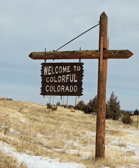 Signage welcoming those traveling from north to Colorado from New Mexico. Photo by: Jeffrey Beall Colorado Cowboy Aesthetic, Welcome To Colorado Sign, Colorado Road Trip Aesthetic, Colorado Mountains Aesthetic, Colorado Lodge, Colorado Sign, Alamosa Colorado, Colorado Aesthetic, Lodge Aesthetic