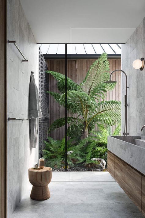 Grey bathroom tiles with a view to backyard landscape Skylight Bathroom, Coral House, Tropical Bathroom, Bathroom Design Trends, Internal Courtyard, Curved Walls, Bathroom Windows, Island Design, House Bathroom