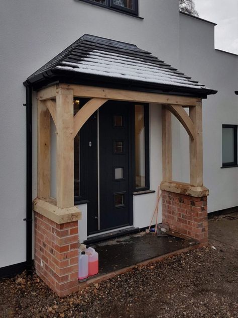 Oak Frame Open Porch, Small Oak Porch, Small Wooden Front Porch Ideas, Oak Beam Porch, Wooden Porch Canopy, Backdoor Porch Ideas, Pitched Roof Porch Uk, Canopy Porch Ideas, Small Wooden Porch Ideas