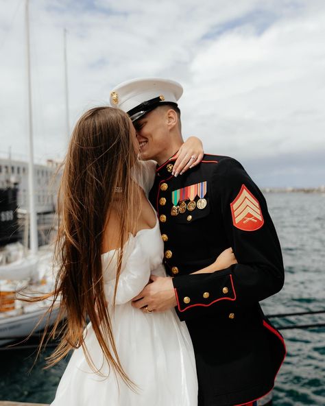 my favorite part about photographing this sweet elopement was watching tourists at the harbor take pictures of Chloe & Caedon because it felt like they were witnessing a scene out of the movie Purple Hearts in real life! I mean, the dress blues, her dress, are you kidding?! A classic San Diego military love story 🇺🇸🥹🫶🏼 • • #militarycouple #campendletonphotographer #homecomingphotographer #sandiegomilitary #socalweddingphotographer #socalengagement #socalwedding #socalproposal #socalcouplesp... Marine Photoshoot, Coast Guard Wedding, Marine Corps Wedding, Marine Photography, Marine Girlfriend, Marine Corps Ball, Marine Wedding, Marines Girlfriend, Military Couples