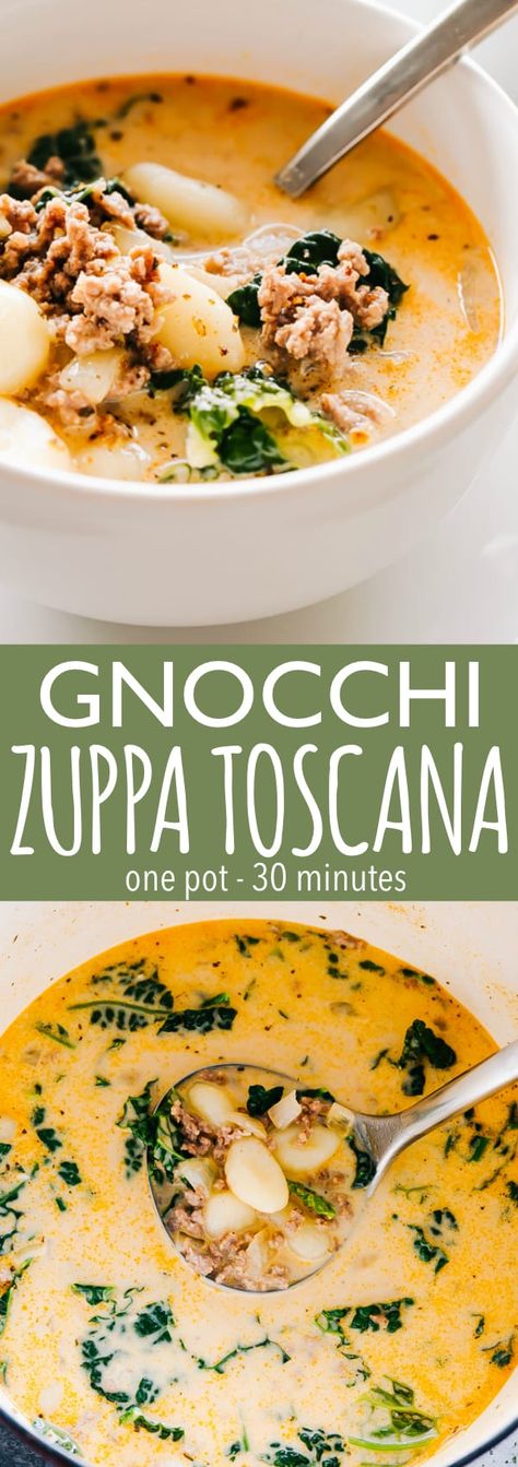 Gnocchi Zuppa Toscana Recipe - Loaded with Italian sausage, bacon, tender gnocchi, and fresh kale, this creamy Tuscan Soup is a bowl packed with comfort and flavor. If you like Olive Garden’s Zuppa Toscana, you are going to LOVE this amazing homemade version even more! #zuppatoscana #gnocchi #pastadinner #soup #souprecipes #Italy #olivegarden #gnocchizuppatoscana #dinnerrecipes #easyrecipes #30minutemeal via @diethood Zuppa Gnocchi Soup, Creamy Tuscan Soup, Gnocchi Italian, Diethood Recipes, Olive Garden Pasta, Gnocchi Recipes Soup, Olive Garden Zuppa Toscana, Recipe Copycat, Olive Garden Copycat