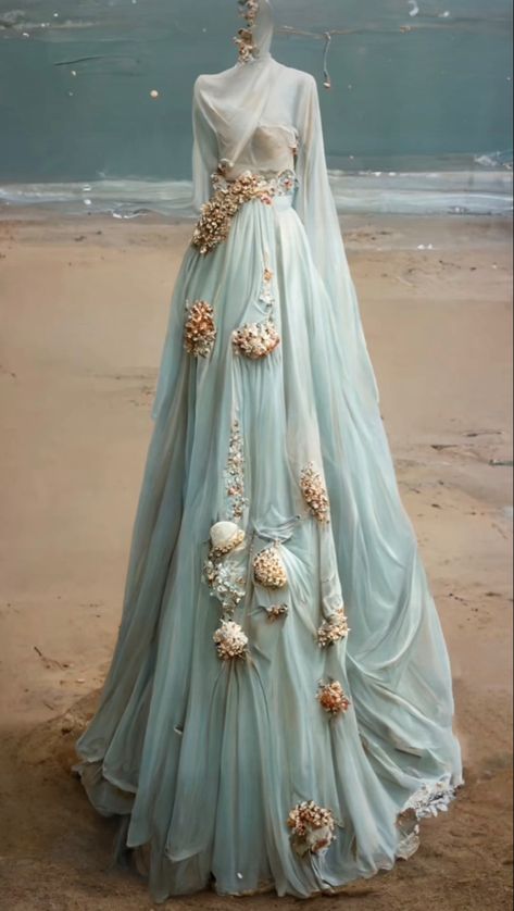 Ocean Inspired Ball Gown, Prom Dresses Ocean Theme, Ocean Fashion Inspiration, Summer Court Aesthetic Dress, Sea Themed Wedding Dress, Beach Themed Dress, Ocean Ball Gown, Sea Fashion Design, Summer Court Outfit Acotar