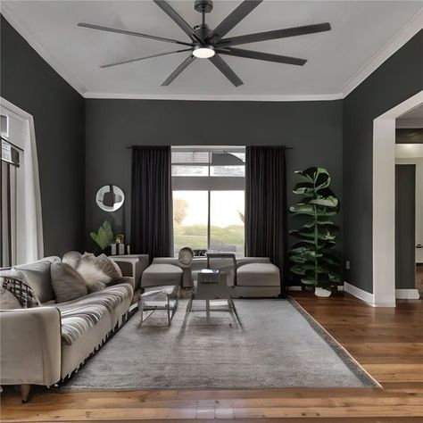 Interior Design Black Bedroom Ceiling Fan, Ceiling Fans For Living Room, Black Fans Living Room, Living Room Fan Ceilings, Black Ceiling Fan Living Room, Tan Black And White Living Room, Ceiling Fans With Light Living Room, Modern Ceiling Fan Living Room, Light Grey Living Room Ideas