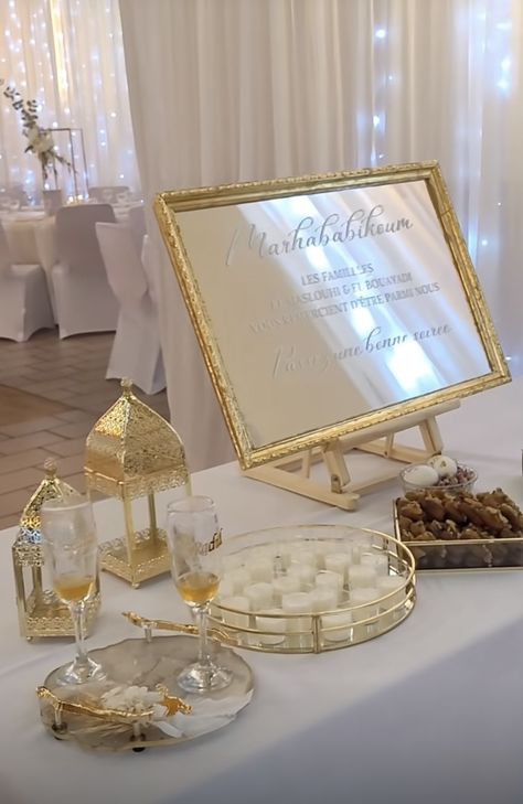 White And Gold Nikkah Decor, Nikkah Table Decor, Mosque Wedding Decoration, Nikkah Aesthetic Decor, Nikah Table Decor, Marquee Nikkah, Nikkah Table Setup, Fatiha Engagement Party, Katb Kitab Decoration