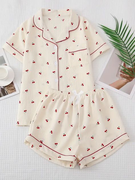 Cherry Print Pajama Set, Sweet & Cute Lapel Buttons Top And Bow Shorts, Women's Sleepwear & Loungewear, y2k pjs, affiliate Big Sleepover, Cute Pjs For Women, Pijama Soft, Áo Len Cardigan, Cute Loungewear, School Ootd, Cute Pajama, Pijamas Women, Summer Sleepwear