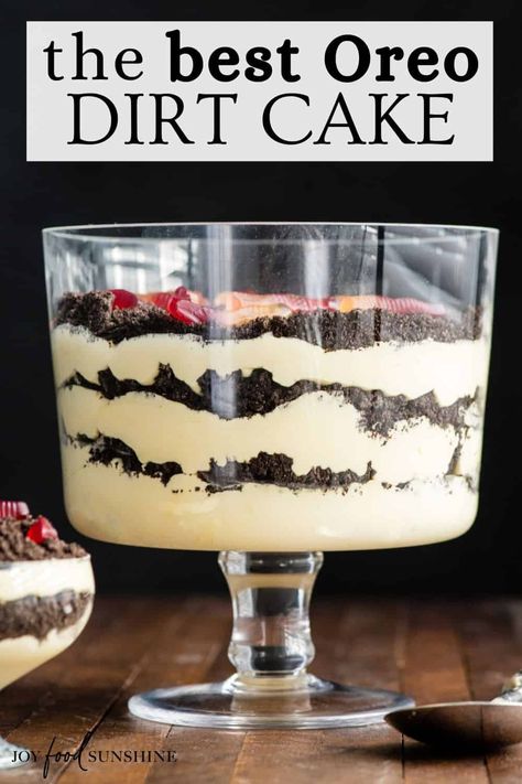 This Easy Dirt Cake Recipe (Oreo Dirt Pudding) is one of our favorite no-bake desserts! Crushed Oreos are layered between a french vanilla pudding mixture for a kid-friendly, make-ahead dessert recipe perfect for any potluck or BBQ! Add gummy worms for a whimsical touch! #dirtcake #dirtpudding #oreos #oreopudding #nobake #dessert #potluck #bbq #summer Best Oreo Dirt Cake, Easy Dirt Cake, Dirt Dessert Recipe, Chocolate Dirt Cake, Dessert Potluck, Oreo Dirt Pudding, Potluck Bbq, Dirt Cake Recipe, Oreo Dirt Cake