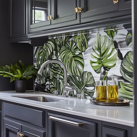 Elevate your kitchen with our Monstera-inspired backsplash. Featuring vibrant green hues and intricate leaf patterns, this design brings a refreshing, tropical touch to your space, combining modern aesthetics with natural beauty. Conceptual AI Art Follow @ecosapiens for more! Tropical Kitchen Design, Tropical Kitchen, Leaf Patterns, Green Hues, Jungle Print, Vibrant Green, Modern Aesthetics, Kitchen Backsplash, Leaf Pattern