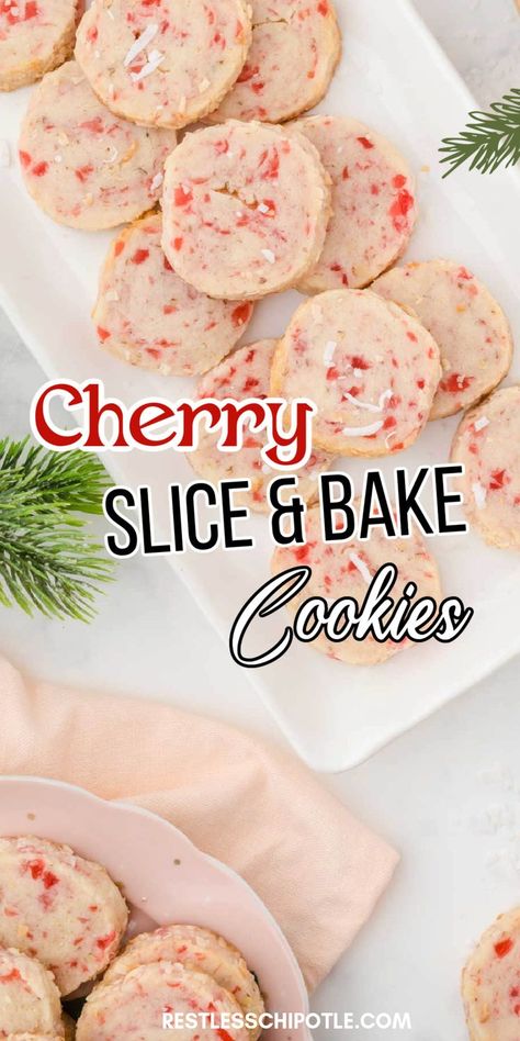 Looking for the best holiday cookies? These buttery cherry slice & bake cookies are so easy and make the perfect Christmas cookies for Santa! The dough can be made ahead of time and slice and bake or make ahead and freeze until needed! Cherry Slices Recipe, Easy Slice And Bake Cookies, Slice Cookies Christmas, Slice And Bake Cookies Recipes Christmas, Christmas Cookies Cherry, Christmas Slice And Bake Cookies, Christmas Cookies That Freeze Well, Slice And Bake Cookies Christmas, Slice And Bake Christmas Cookies