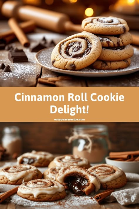 Plate of cinnamon roll cookies with chocolate drizzle and powdered sugar, with baking ingredients in the background. Cinnamon Roll Cookie Recipes, Cookies Cinnamon Roll, Recess Cookies, Crescent Roll Cookies, Cinnamon Roll Cookies Recipe, Girls Hangout, Roll Out Cookies, Cake Pastries, Crumble Cookie