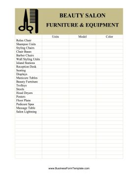 Sections for units, model and color are available to fill in in this free, printable inventory card for beauty salons when organizing furniture and equipment. Some possibilities are chairs, desks, tables, stools, dryers and stations. Free to download and print Hair Salon Equipment Checklist, Salon Equipment Checklist, Organizing Furniture, Hair Salon Business Plan, Salon Business Plan, Home Hair Salons, Hair Salon Business, Beauty Salon Furniture, Cosmetology Student