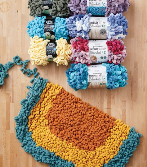 Loop Yarn Rug Diy, Finger Loop Yarn Projects, Loop Yarn Projects, Loop Yarn Patterns, Recovery Activities, Yarn Rug, Loopy Yarn, Finger Knitting Projects, Chunky Blankets