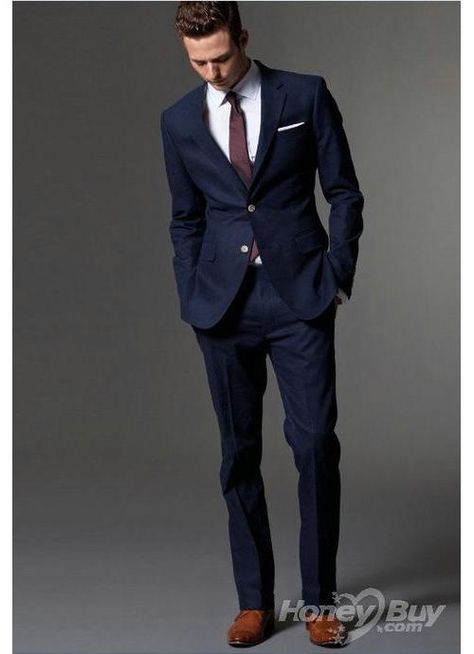 This is very similar to the style I want my husband and the groomsmen to wear. I want a navy suit that is as close as possible to the midnight color of the bridesmaids dresses with an orchid tie; the groomsmen and bridesmaids would match. However, to distinguish my husband, I would want a patterned tie or a midnight colored tie for him. Men Attire, Don Pedro, Dark Blue Suit, Costume Bleu, Mode Costume, Suit For Men, Navy Blue Suit, Wedding Groomsmen, Groomsmen Suits