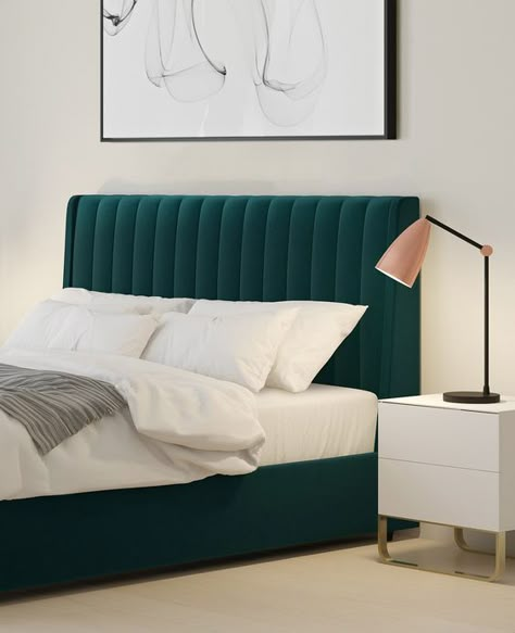 Soft Calm Aesthetic, Calm Aesthetic, Green Bed, Upholstered Storage Bed, Bed Headboard Design, Luxury Bedroom Furniture, Headboard Design, White Sheets, Velvet Bed