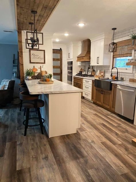 Kitchen Remodel Manufactured Home, Double Wide Kitchen Remodel Layout, 2023 Mobile Homes, Mobile Home Inspiration, 1960 Ranch House Remodel Exterior, Mobile Home Farmhouse Remodel, 1960s Ranch House Remodel, One Wall Kitchen Layout, Old House Renovation