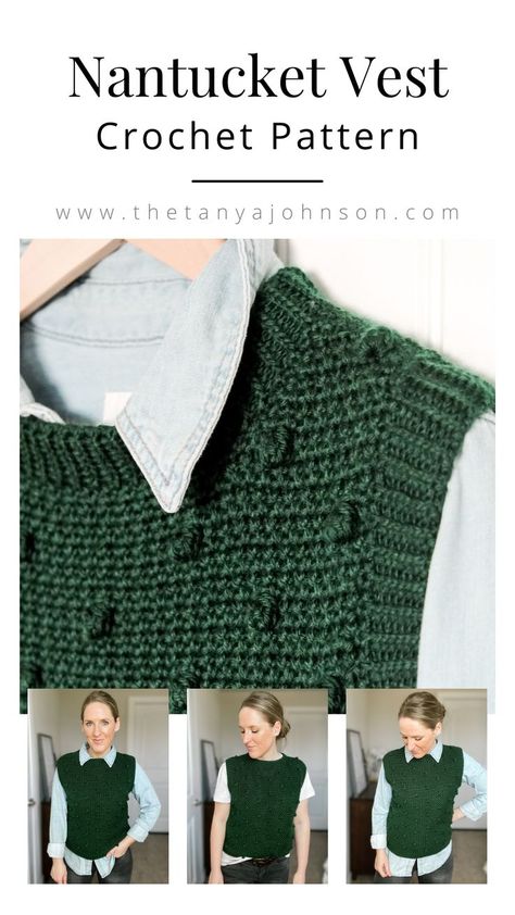 The Nantucket Vest crochet pattern is a classic preppy style sweater with a modern bobble stitch texture that is perfect for layering over a basic tee or a chambray shirt. Crochet Vest Pattern Free, Vest Patterns, Crochet Sweater Vest, Vest Pattern Free, Gilet Crochet, Crochet Vest Pattern, Haken Baby, Crochet Design, Crochet Cardigan Pattern