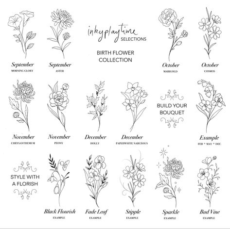 September October November December birth flower simple minimal tattoo designs and customisation stules Birthflower November Drawing, Birthflower Name Tattoo, Birthflower September Tattoo, Fine Line Birth Flower Tattoo, Birthflower November, December Flower Tattoo Birth Month, December Tattoos Ideas, Birth Month Tattoo Ideas, Goodnotes Inspiration