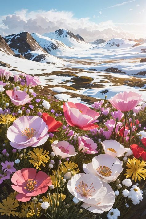 pink flowers in the snowy mountain Arctic Flowers, White Snow, Botany, Poppies, Frozen, Flowers, 10 Things, Pink, White