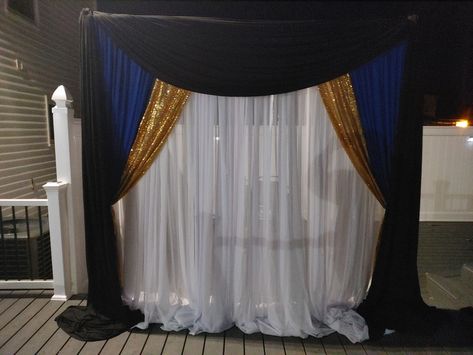 Royal Blue And Gold Backdrop, Mickey Mouse Backdrop, Ffa Banquet, Paris Prom, Stage Curtains, Gold Backdrop, Gold Party Decorations, Curtain Backdrops, Yellow Table