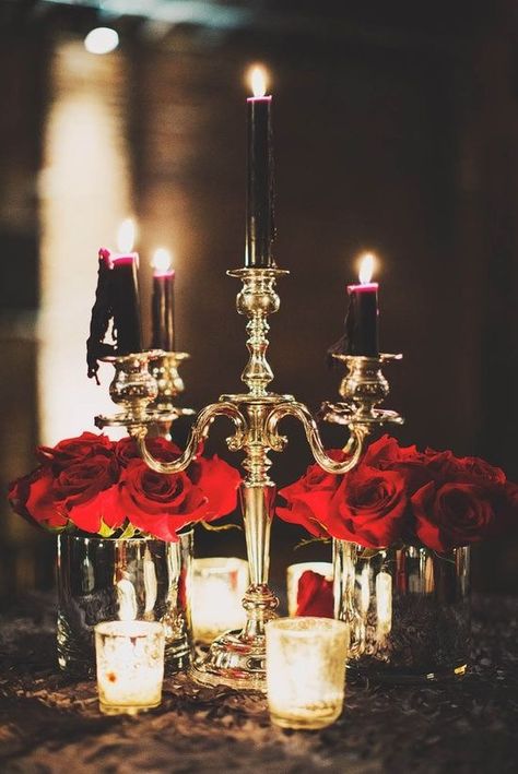 Dark, moody, romantic wedding inspiration - candelabra & red roses Dark Masquerade, Halloween Wedding Centerpieces, Vampire Wedding, Black Red Wedding, Masquerade Theme, Masquerade Wedding, Rock N Roll Wedding, Rock Wedding, Goth Wedding