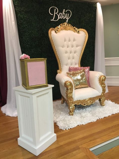 Princess Baby Shower | CatchMyParty.com Baby Shower Chair Ideas, Baby Shower Chair, Sweet 15 Party Ideas Quinceanera, Paris Baby Shower, Sweet 16 Decorations, Jungle Baby Shower Theme, Baby Shower Party Ideas, Shower Party Ideas, Birthday Party Theme Decorations