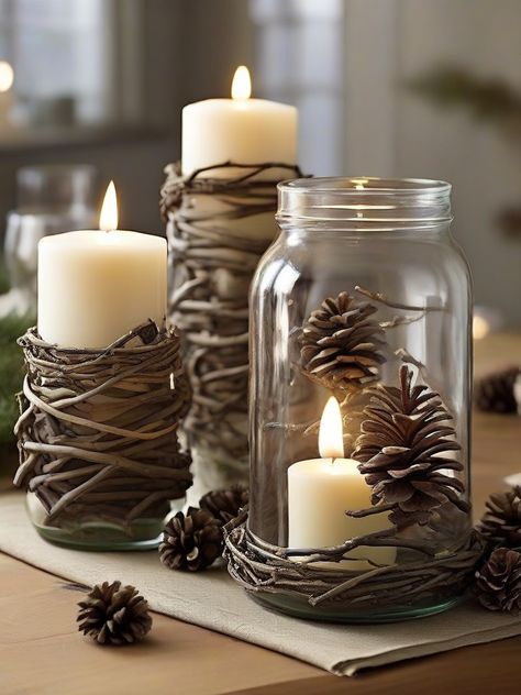 Bring the beauty of the outdoors inside with this nature-inspired centerpiece made from twigs, pinecones, or small branches. Perfect for creating a cozy and inviting atmosphere during the holiday season. #natureinspired #centerpiece #homedecor #Christmasdecorations Pinecone Decorations Diy, Natural Holiday Decor, Winter Centerpiece, Gala Decorations, Yankee Candle Jars, Diy Wooden Crate, Grinch Decorations, Beach Christmas Ornaments, Candle Jar Diy