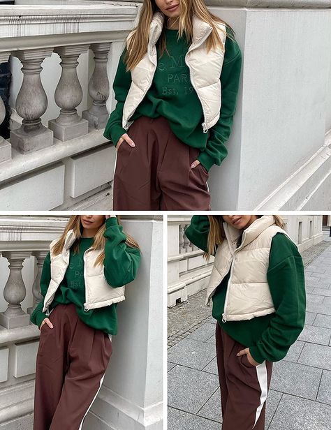 crop sleeveless vest puffer Cropped Puffer Vest, Vest Puffer, Sleeveless Puffer, Crop Vest, Trendy Fits, Winter Fashion Outfits Casual, Khaki Fashion, Cropped Vest, Long Torso