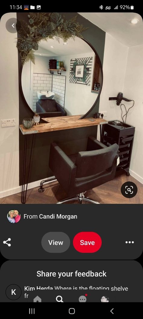 Circle Salon Mirror, Circle Mirror Salon Station, Round Mirror Salon Station, Salon Suite Mirror Ideas, Small Salon Suite Ideas Luxury, Salon Mirror Ideas Hair Stations, Diy Hair Salon Stations At Home, Salon Work Stations Ideas, Diy Hair Station