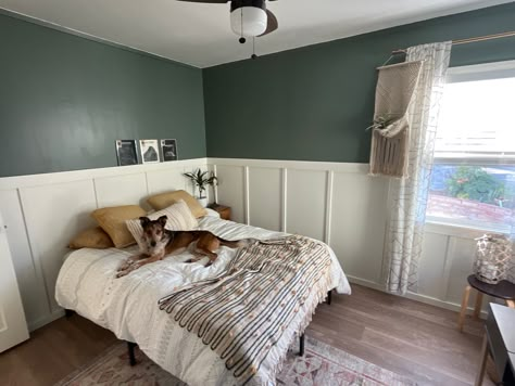 Green Half Wall Living Room, White Paneling With Green Walls, Half Feature Wall Bedroom, Green Bedroom Half Wall, Half Wall Paint Ideas Bedrooms, White Panelling Green Walls, Half Painted Wall Green, Half Green Wall Bedroom, Army Green Accent Wall Bedroom