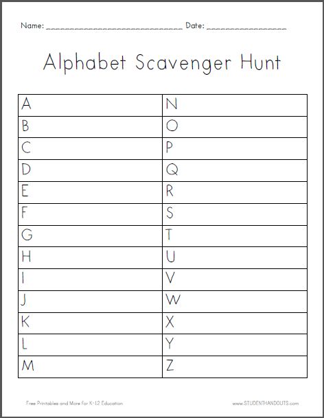 Alphabet Scavenger Hunt Worksheet - Free to print (PDF file). Alphabet Scavenger Hunt, Scavenger Hunt For Kids, Boredom Busters, Rainy Day Activities, Alphabet Activities, Summer School, The Alphabet, Scavenger Hunt, Educational Activities