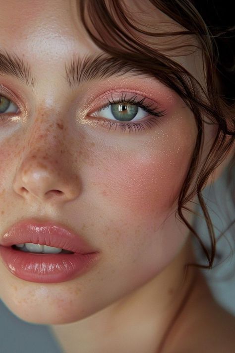 Peach Look Makeup, Eye Looks Makeup, Light Shimmer Eyeshadow, Light Colored Makeup, Natural Bright Wedding Makeup, Elegant Makeup For Blue Eyes, Glowing Natural Makeup, Make Up Summer 2024, Peachy Summer Makeup