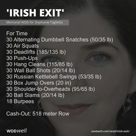 For Time; 30 Alternating Dumbbell Snatches (50/35 lb); 30 Air Squats; 30 Deadlifts (185/135 lb); 30 Push-Ups; 30 Hang Cleans (115/85 lb); 30 Wall Ball Shots (20/14 lb); 30 Russian Kettlebell Swings (53/35 lb); 30 Box Jump Overs (20 in); 30 Shoulder-to-Overheads (95/65 lb); 30 Ball Slams (20/14 lb); 18 Burpees; Cash-Out: 518 meter Row Crossfit Bootcamp Workouts, Weighted Crossfit Workout, Core Crossfit Workout, Gym Cardio Circuit, Easter Wods Crossfit, Crossfit Gym Workout, Crossfit Chipper Workouts, Upper Body Crossfit Workout, Full Body Crossfit Workout