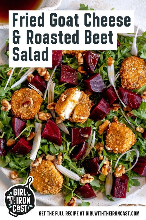 This fried goat cheese and roasted beet salad with homemade roasted beets, crispy fried goat cheese discs, over a bed of arugula, and topped with walnuts, thinly sliced shallots, and a honey balsamic vinaigrette. Roasted beets and crispy goat cheese are the perfect pair in this delicious salad. Arugula Salad With Beets And Goat Cheese, Beet And Goat Cheese Napoleons, Roasted Beet Salad With Goat Cheese Walnuts And Honey Dijon, Roasted Beets Goat Cheese, Beet Pistachio Goat Cheese Salad, Beet And Arugula Salad Goat Cheese, Crispy Goat Cheese Salad, Goat Cheese And Beet Salad, Arugula Salad With Goat Cheese