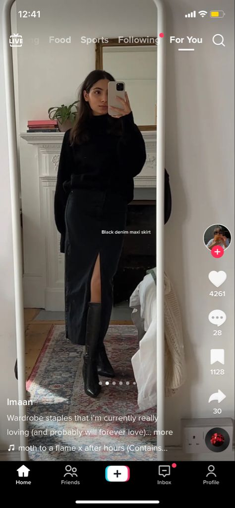 Black Denim Skirt Outfit Winter, Black Denim Maxi Skirt Outfit, Maxi Skirt Outfit Winter, Black Denim Maxi Skirt, Denim Skirt Outfit Winter, Winter Maxi Skirt Outfit, Denim Maxi Skirt Outfit, Skirt Outfit Winter, Black Denim Skirt Outfit