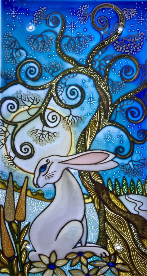 Hare Drawing, Moon Gazing Hare, Hare Painting, Cool Colours, Moon Gazing, Moon Gazing Hares, Winter Moon, Rabbit Painting, Esoteric Art