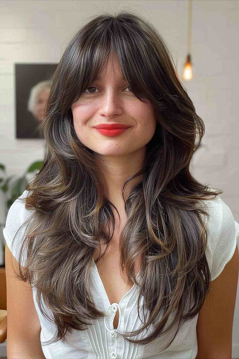 Woman with long hair featuring front layers and curtain fringe. Bangs With Layered Hair Medium, Super Choppy Layers Long Hair, Fringe And Layers Long Hair, Deep Bangs Long Hair, Long Haircut Short Layers, Long Shag Haircut Dark Hair, Long Hair Layers Fringe, Chocolate Brown Hair With Layers And Curtain Bangs, Brunette Layers With Curtain Bangs