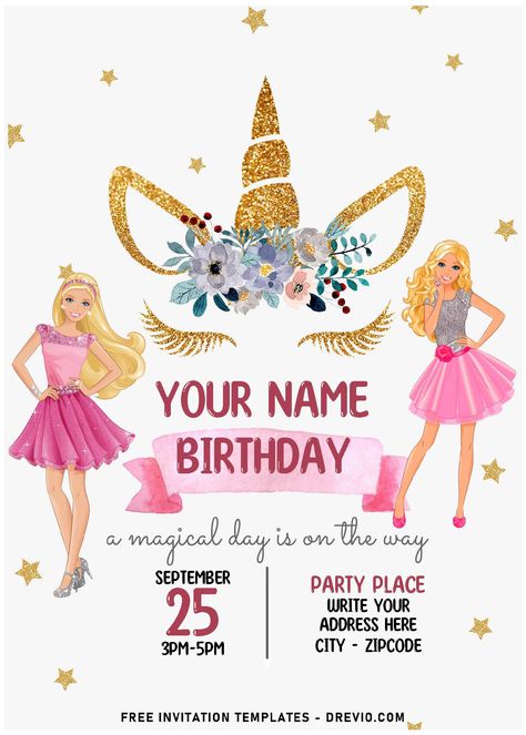 Barbie Unicorn Birthday Party, 7th Birthday Invitations Girl, Barbie And Unicorn, Unicorn Invitation Template Editable, Birthday Invitation Template Free Editable, Barbie Invitation Template, Birthday Invitation Card Ideas, Barbie Background, Printable Unicorn Birthday Invitations