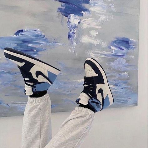 HAND PAINTED Blue Jordans Aesthetic Wallpaper, Nike Jordan Obsidian, Jordan 1 Retro High Obsidian, Jordans Aesthetic, Jordan 1 Blue, Shoes Wallpaper, Blue Jordans, Air Jordan 1 Retro High Og, Aesthetic Shoes