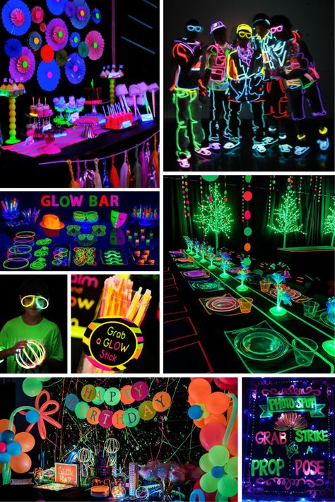 Neon blacklight Glow-in-the-Dark Party ideas + more Tween boy birthday party ideas including at-home games, outside activities, fun food and creative out-of-the-house experiences. Great birthday party themes for boys turning 9, 10, 11 or 12! Glow In The Dark Outside Party, Glow Party Theme Ideas, Glow In Dark Birthday Party, Glow Themed Birthday Party, Edm Birthday Party Ideas, Lets Glow Party Ideas, Party Themes For 18th Birthday, Game On Party Ideas, 13th Birthday Party Ideas For Boys Theme